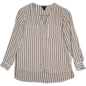 H&M Women’s Striped Button Up Shirt Sz 6 White Black Roll Tab Sleeve Blouse GUC